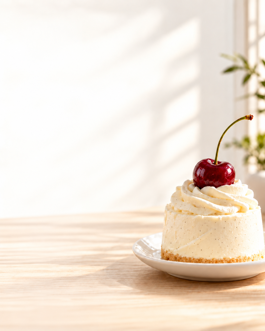 A cherry on top of a vanilla cheesecake in soft daylight