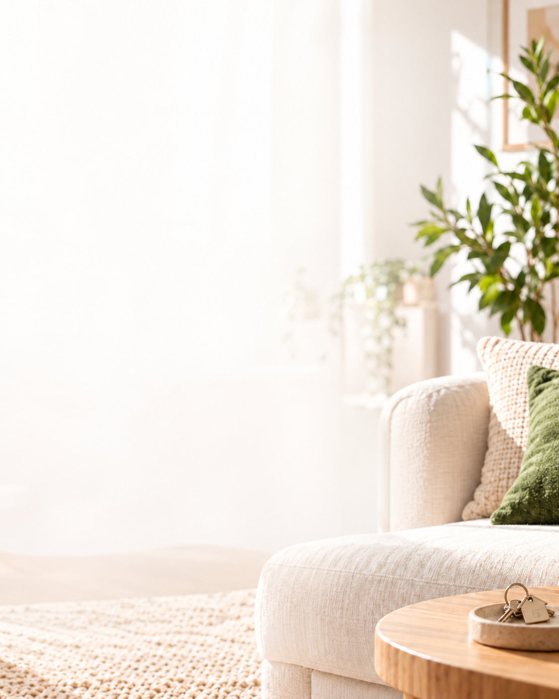 A calm living room with keys resting on a side table
