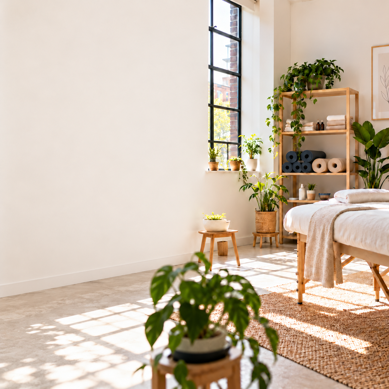 Yoga and sound studio with cushions and a gong