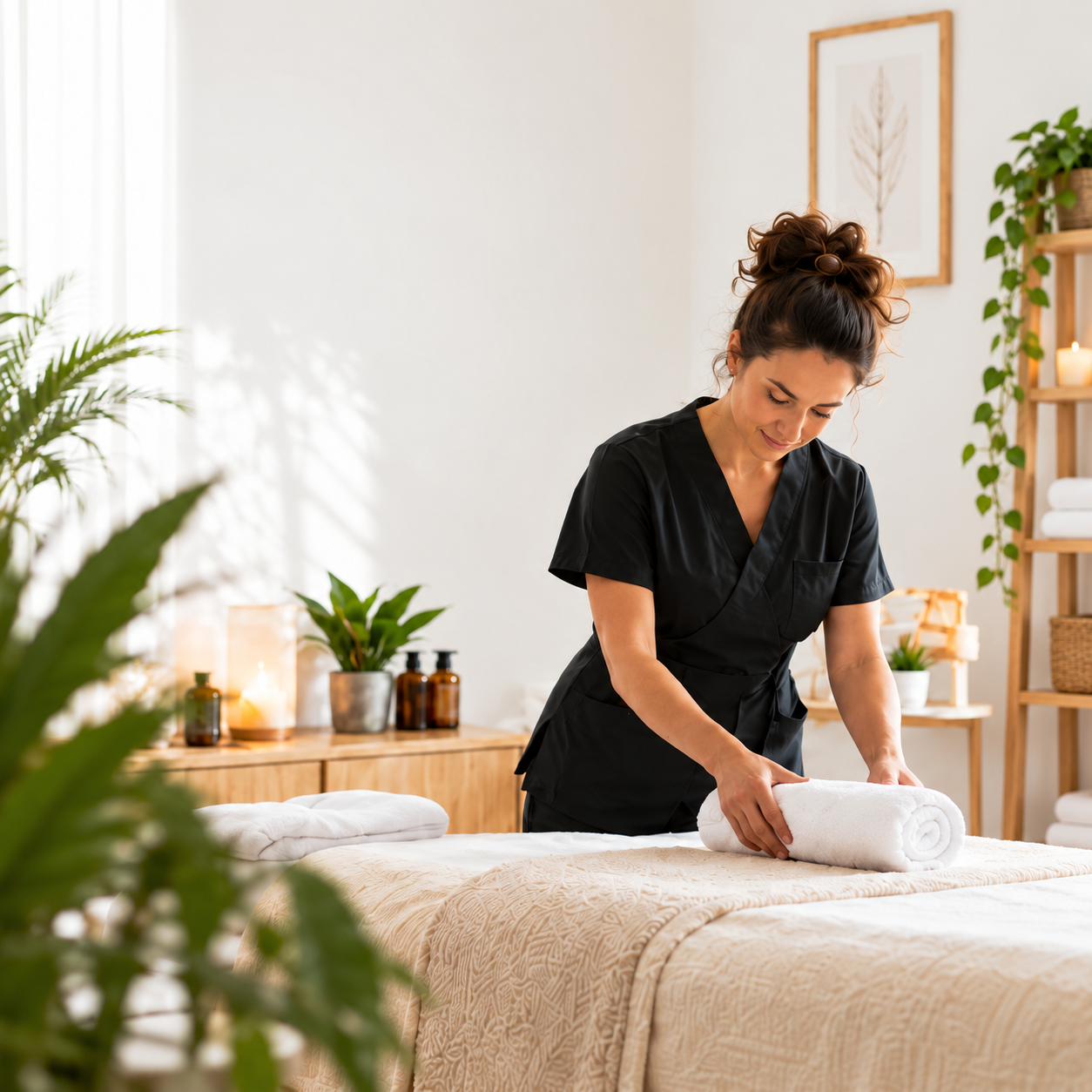 Massage therapist preparing a treatment room